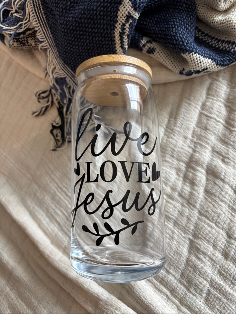 Live Love Jesus Drink Jar with Wood Lid - Clear with Black Script